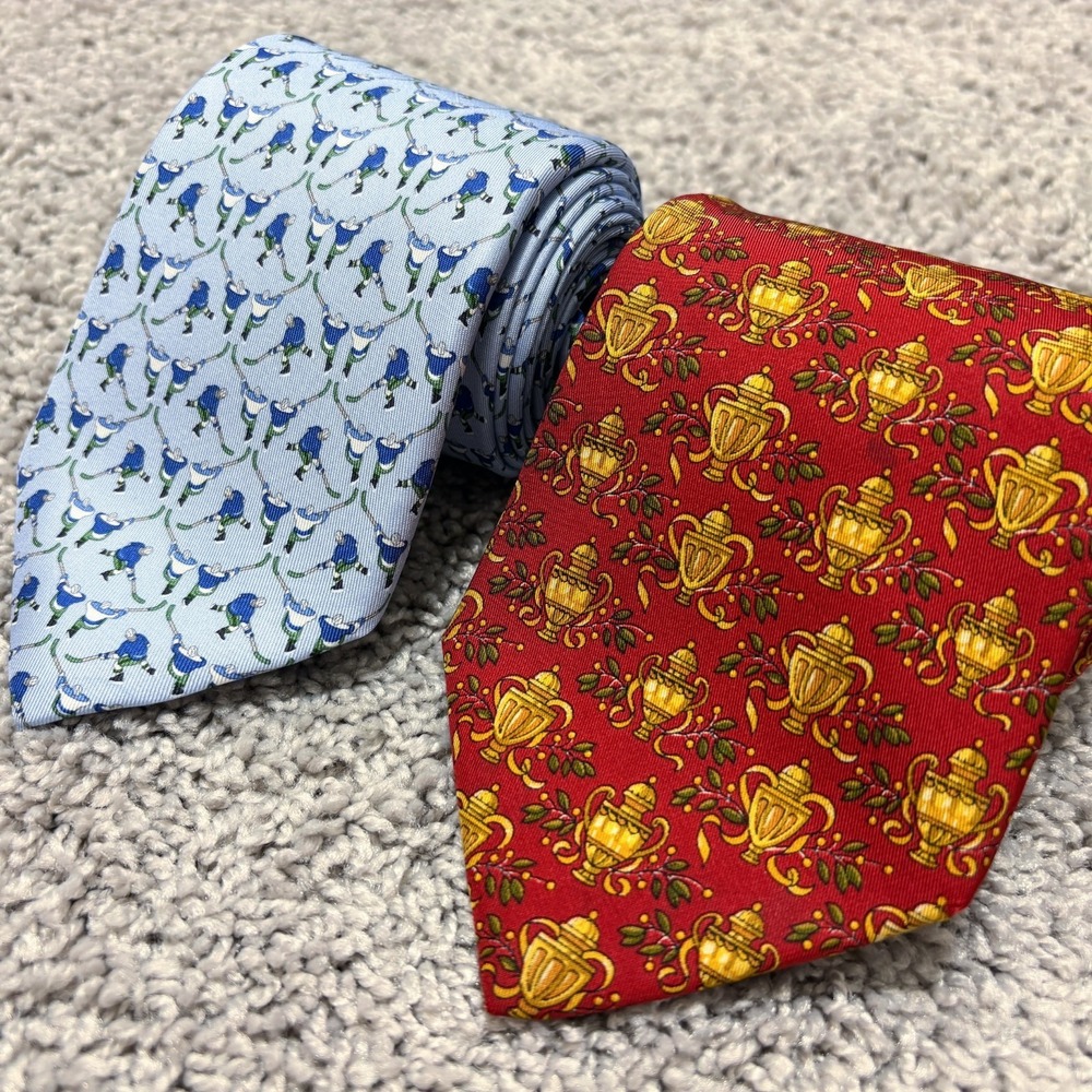 Salvatore Ferragamo Tie Designer Necktie Silk Red Blue Hockey Trophy [2 LOT]